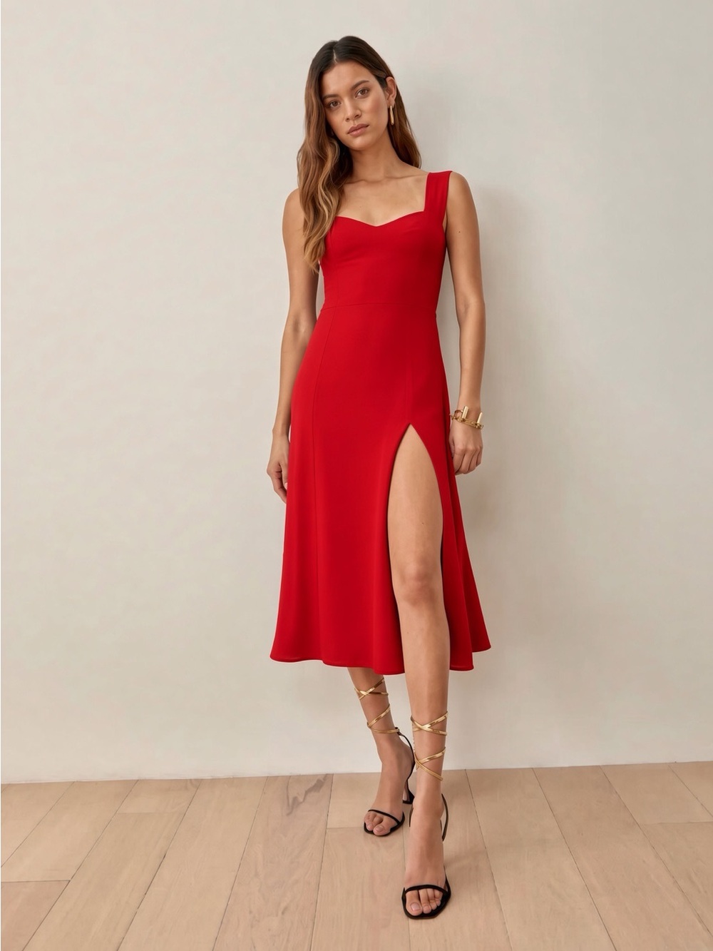 Reformation Fulton Midi Dress in Red Side Slit 4 Galentines Resortwear Date